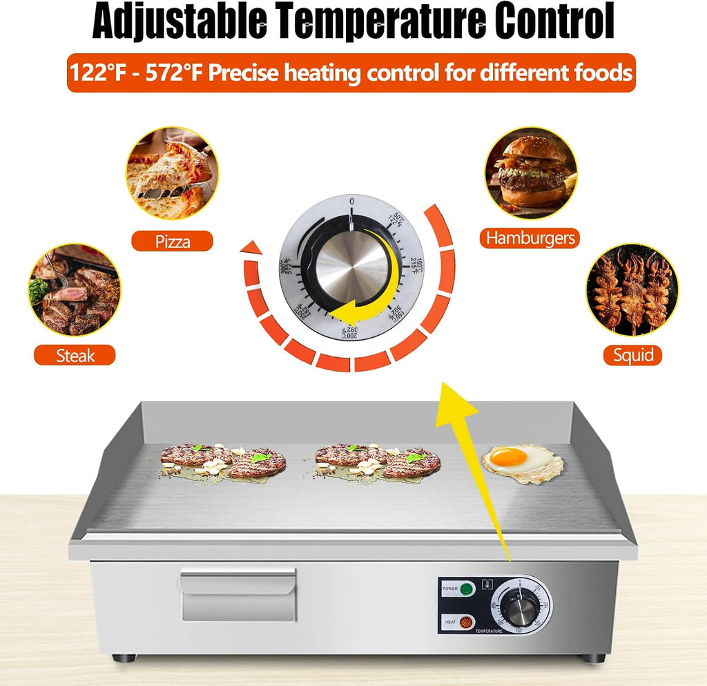 22' Commercial Electric Griddle,Electric Countertop Flat Top Griddle,110V 1600W Electric Flat Top Grill,Non-Stick Restaurant Teppanyaki Stainless Steel Grill,Adjustable Temperature Control