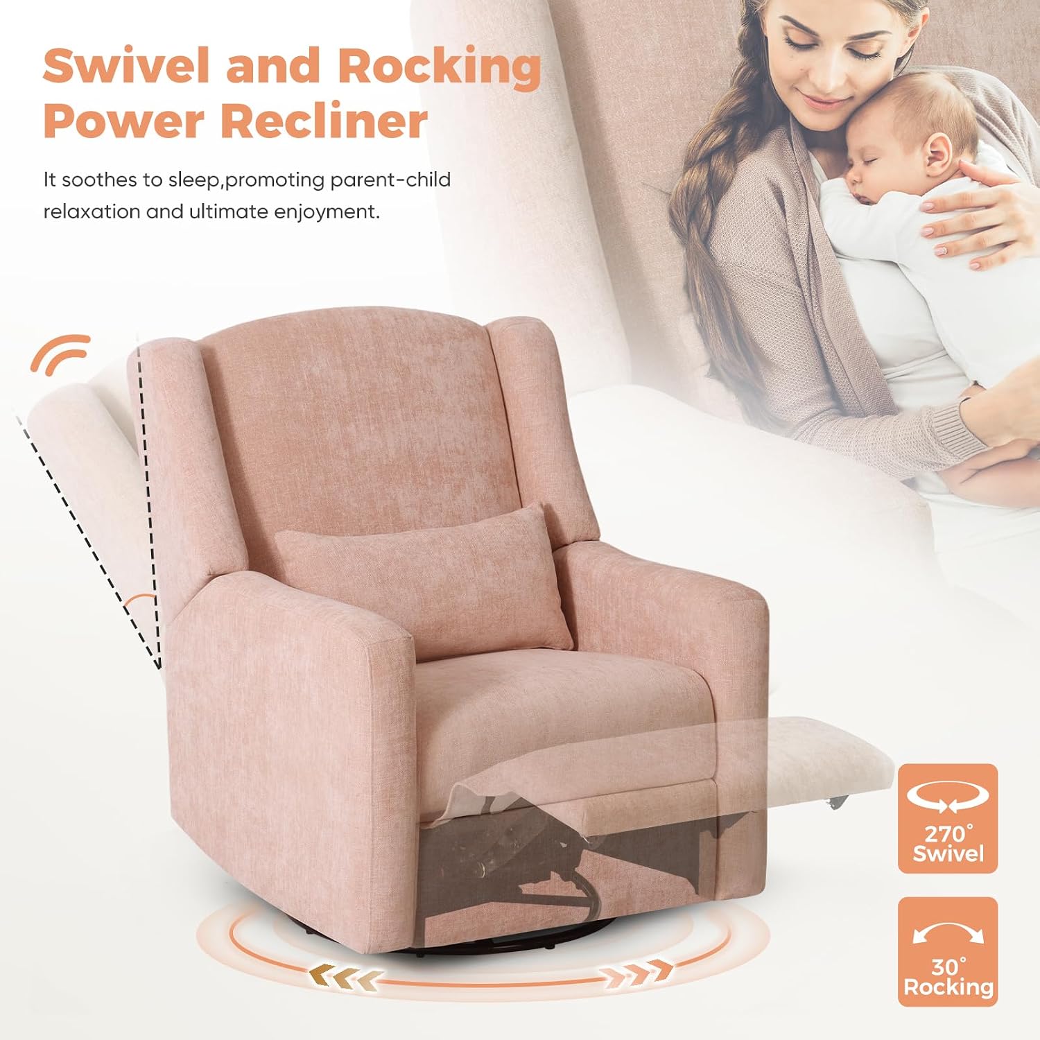 Power Recliner Chair Swivel Glider, Large Nursery Glider w/USB Charging Port, Chenille Upholstered Rocker Recliner for Bedroom,Nursery,Living Room,1PC,Coral Pink
