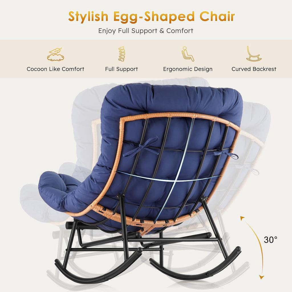 Takywep Rocking Chair - Oversized Outdoor Rocking Chairs with Footrest, Indoor Papasan Rocker Egg Chair for Bedroom, Living Room, Porch, Garden, Lawn (Royal Blue-Polyester)