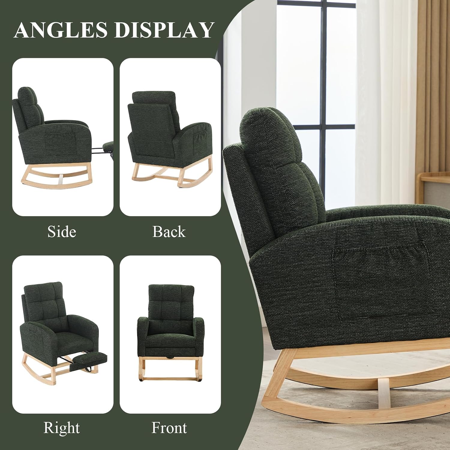 Nursery Rocking Chair, Polyester Upholstered Glider Chair with Footrest, Comfy Rocker Chair, Accent Chair with High Backrest, Glider Rocker, Armchair for Living Room (Dark Green Linen)