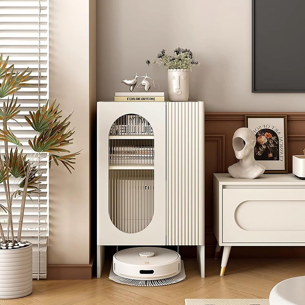 Sweeping Robot Storage Rack with Tempered Glass Door, Robot Vacuum Stand with Open Base Self-Emptying Sweeper Machine Cabinet, Easy to Change Water
