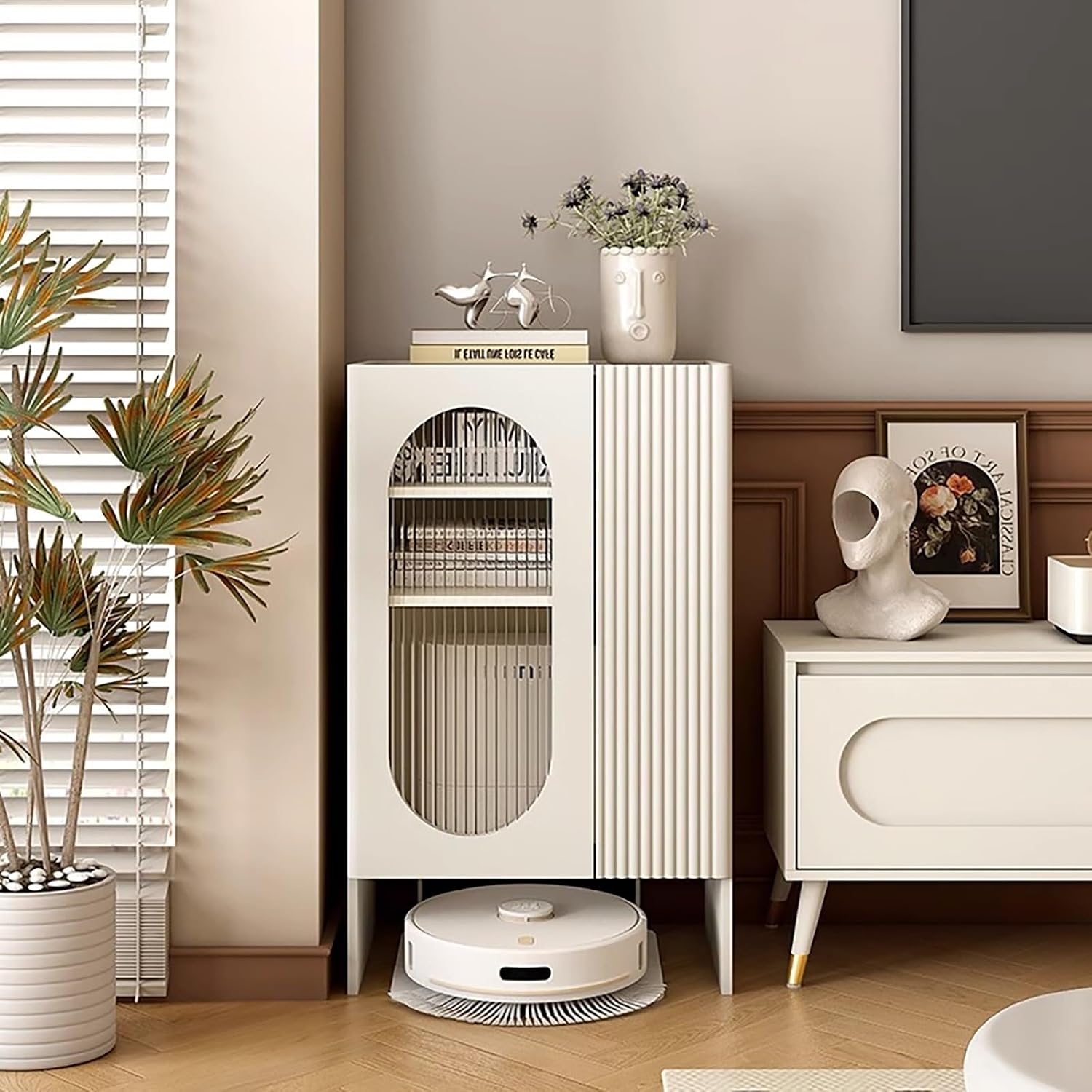 Sweeping Robot Storage Rack with Tempered Glass Door, Robot Vacuum Stand with Open Base Self-Emptying Sweeper Machine Cabinet, Easy to Change Water