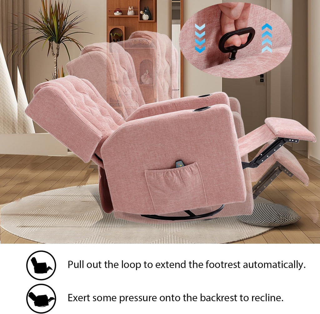 Oversized Swivel Rocker Recliner Chair Wide Seat Heavy Duty Fabric Reclining Chair, Tufted Manual Rocking Glider Chair Recliner for Nursery, Pink