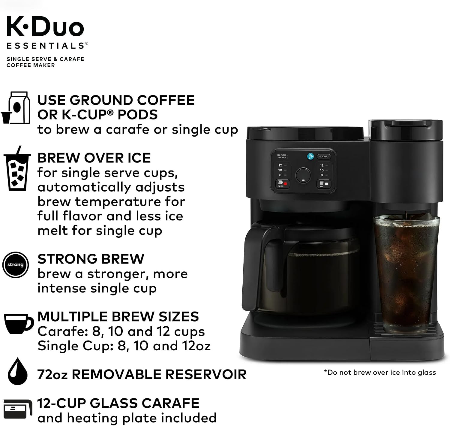 Hot & Iced Single-Serve Kcup Pod Coffee Maker with 12-Cup Carafe, 72oz Water Reservoir, Brew Over Ice, Strong Brew, Multiple Sizes, Programmable, Compact Coffee Machine for Home & Office (Black)