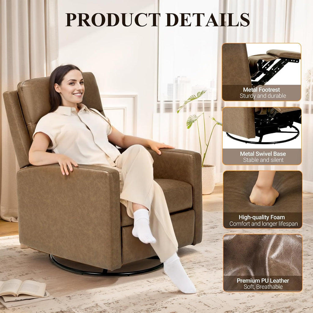 COLAMY Leather Recliner Chair for Adults, Swivel Rocker Recliner for Small Spaces, Wide Glider Rocking Nursery Chair with Ergonomic High Backrest, for Home Living Room, Office, Bedroom（ Brown）