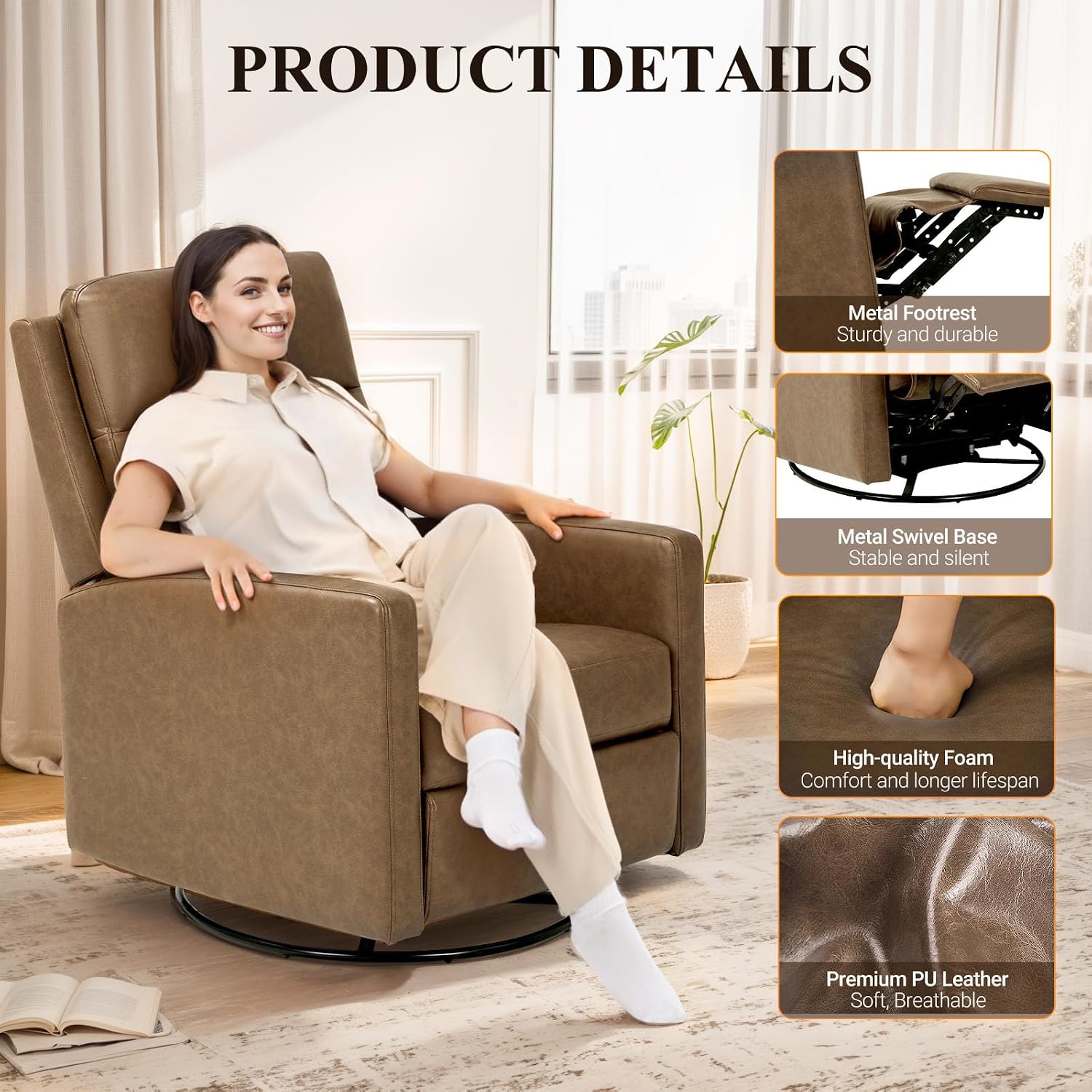 COLAMY Leather Recliner Chair for Adults, Swivel Rocker Recliner for Small Spaces, Wide Glider Rocking Nursery Chair with Ergonomic High Backrest, for Home Living Room, Office, Bedroom（ Brown）