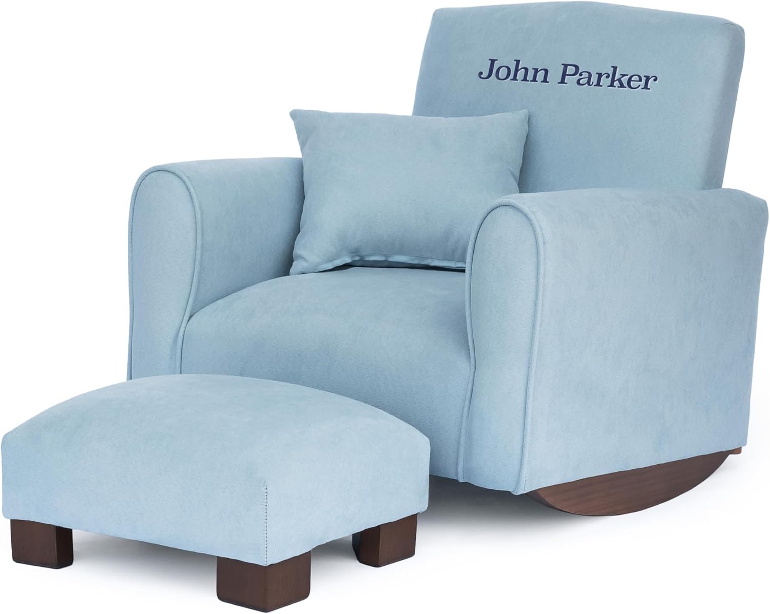 Toddler Personalized Armchair, Kids Upholstered Rocking Chair with Personalization, Toddler Chair with Personalized Name, Comfy Child Armchair, (Light Blue Suede, Rockers)