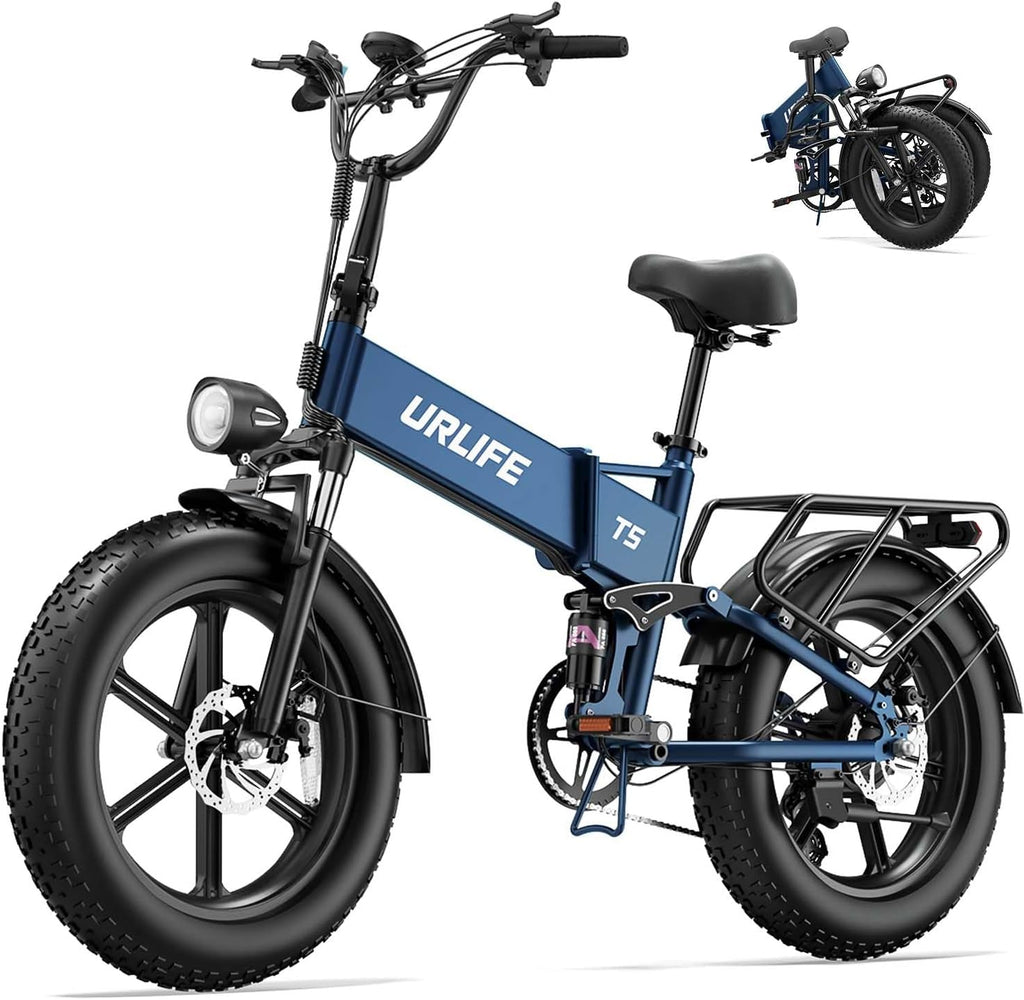 URLIFE Folding Electric Bike for Adults, 48V Motor, 60-80 Miles per Charge, 20'x4' Fat Tires with Quad-Link Full Suspension, 7-Speed & LED Display