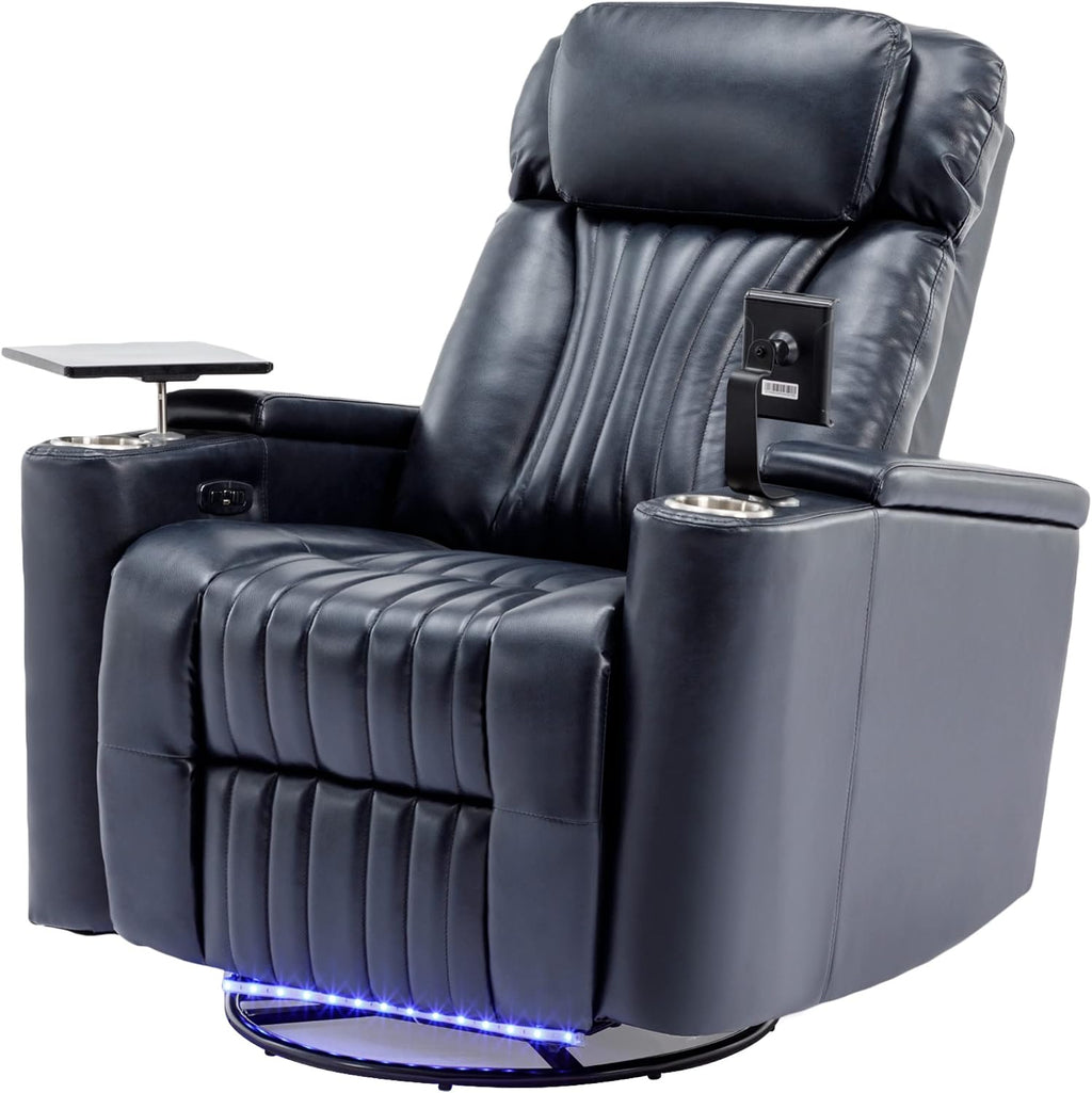 Recliner Chair, 270° Power Swivel Recliner Chair with 360° Swivel Tray Table and Cell Phone Holder, Cup Holder, Home Theater Seating with Hidden Arm Storage, Soft Living Room Chair (Blue/27)
