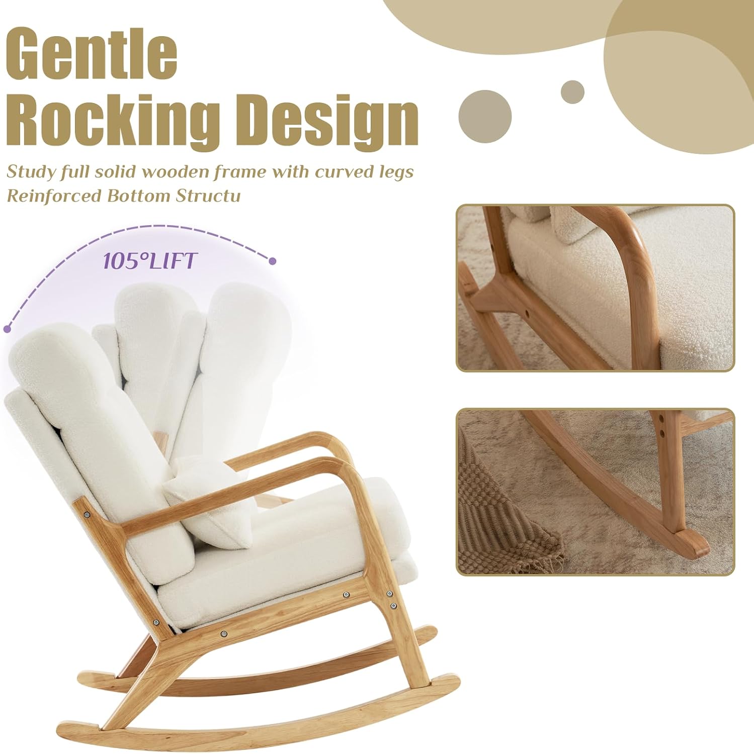 Karl home Nursery Rocking Chair Removable Glider Rocker High Backrest Rocking Armchair Mid-Century Accent Chair with Lumber Pillow for Bedroom, Living Room, Nursery, Creamy-White