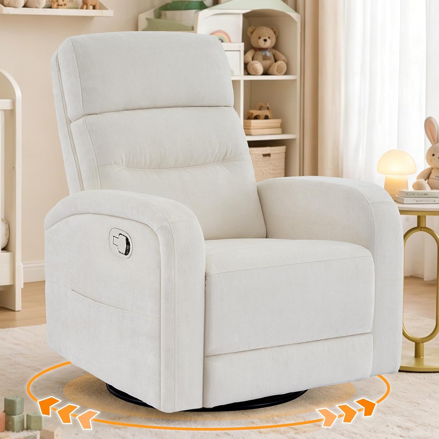 Swivel Rocker Recliner for Nursery, Upholstered Swivel Recliner Chairs, Glider Rocking Chairs Nursery Recliner, White Reclining Rocking Chairs for Living Room, Bedroom, Chenille Fabric