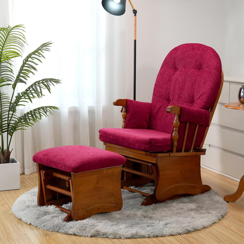 Gliding Rocking Chair with Ottoman for Nursery, Rubber Wood Rocking Chair Glider Rocker with Arm Rest, Chenille Padded Cushion for Living Room Bedroom, 280lbs Weight Capacity, Burgundy