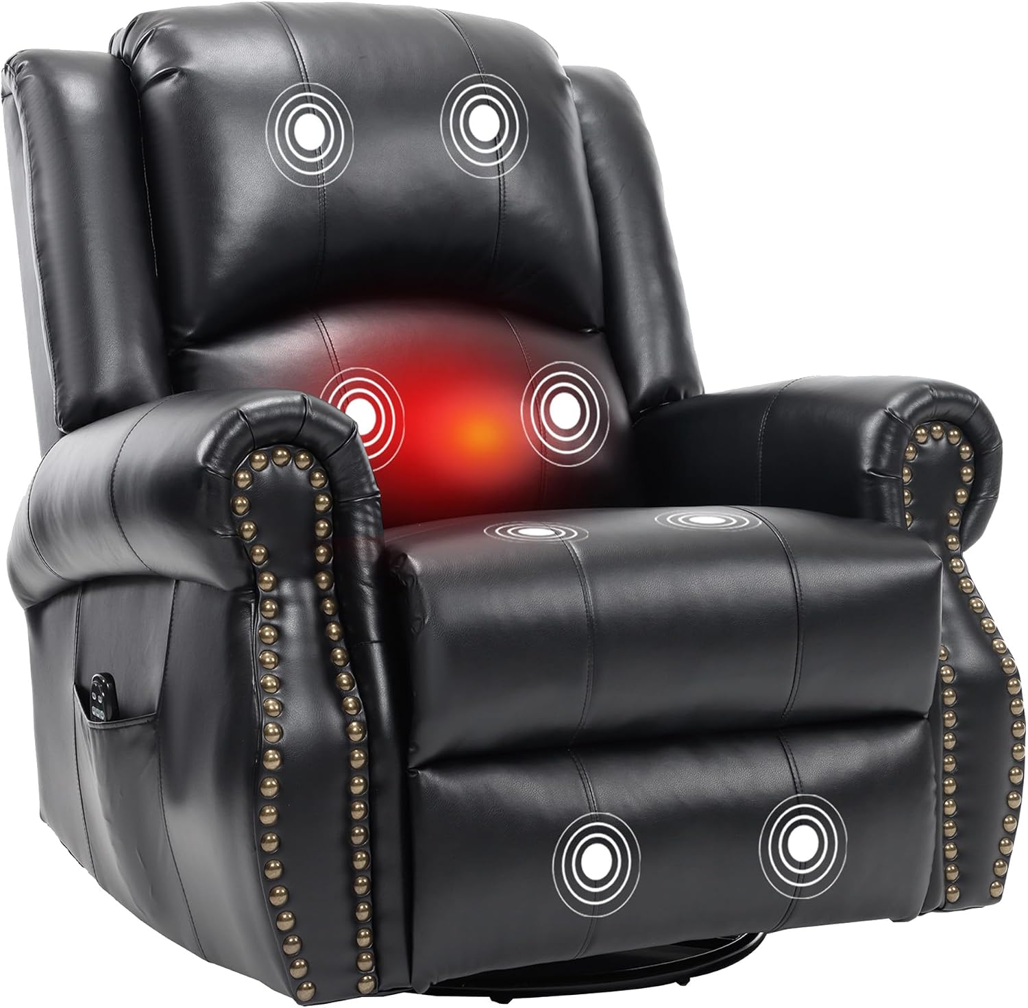 PELUMY Breathable Leather Swivel Rocking Recliner Chair for Adults, 360° Swivel Glider Rocker with Heat & Vibrating Massage, Lounge Chair for Living Room, Bedroom, Nursery (Black)