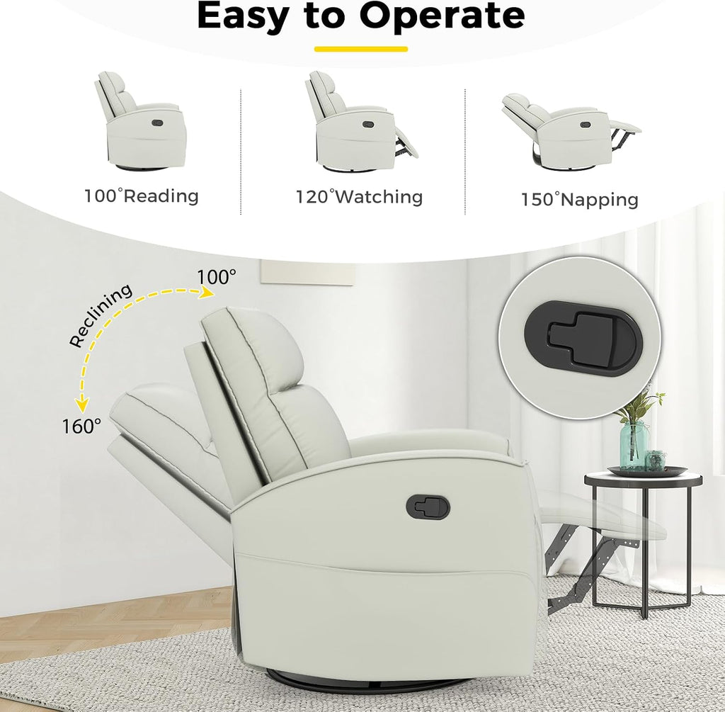 ANJ Manual Swivel Rocker Recliner, Glider Recliners with Padded Armrest and Backrest, Soft Faux Leather Nursery Rocking Recliner Chair Reclining Sofa for Living Room,Cream