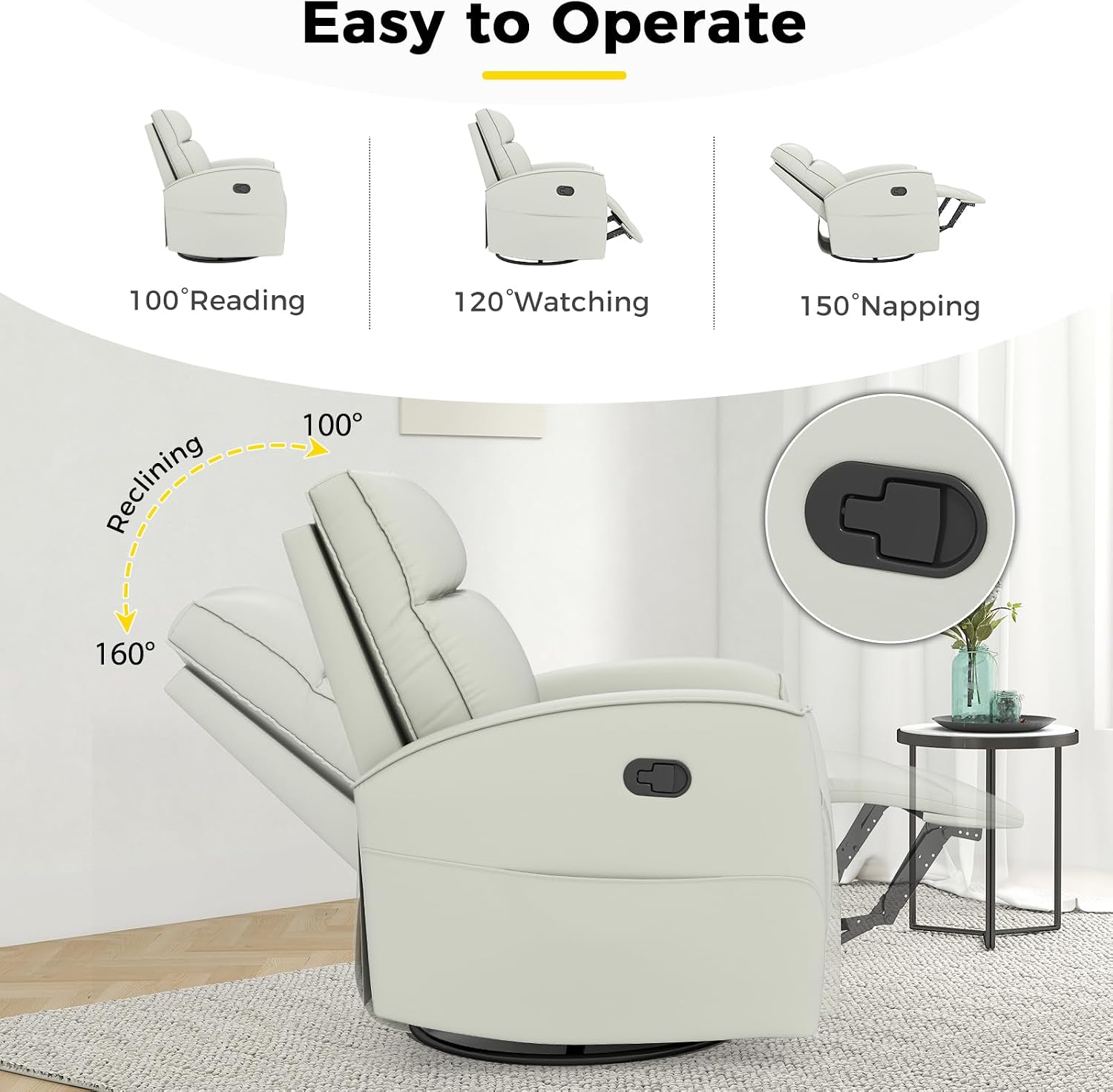 ANJ Manual Swivel Rocker Recliner, Glider Recliners with Padded Armrest and Backrest, Soft Faux Leather Nursery Rocking Recliner Chair Reclining Sofa for Living Room,Cream