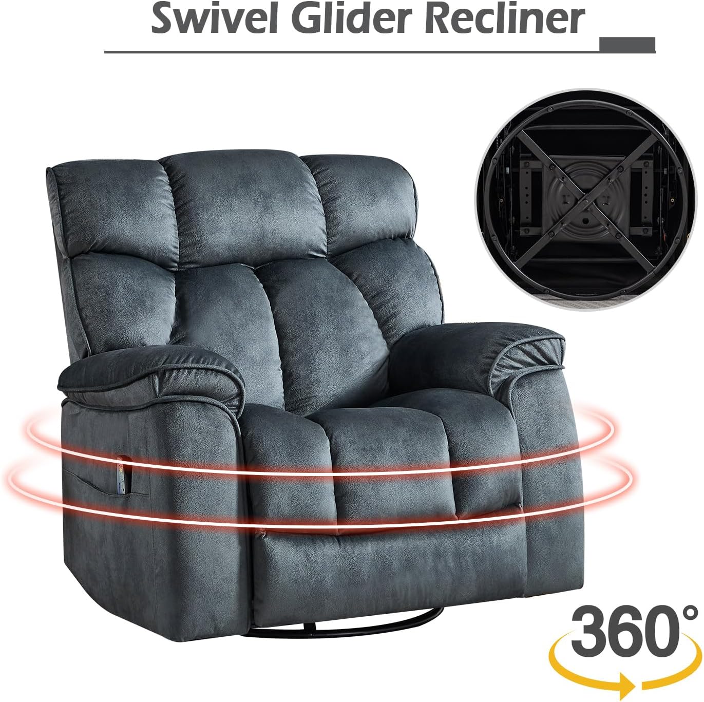 INZOY Oversized Rocker Recliner with Heat and Vibration, Manual Swivel Rocking Recliner Chair with Vibrating Massage, Comfy Padded Overstuffed Soft Fabric Heated Recliner, Grey