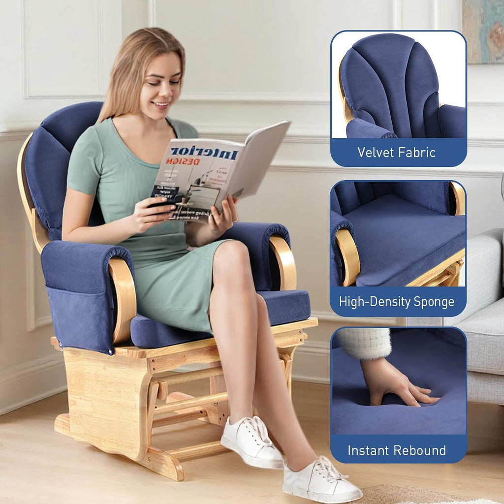 Solid Wood Glider Gentle Rocking Chair, Stylish Modern Glider Rocker with Padded Cushion, Smooth Rocking Motion Indoor Living Room Reading,Watching,Sleeping, Wood Color+Blue