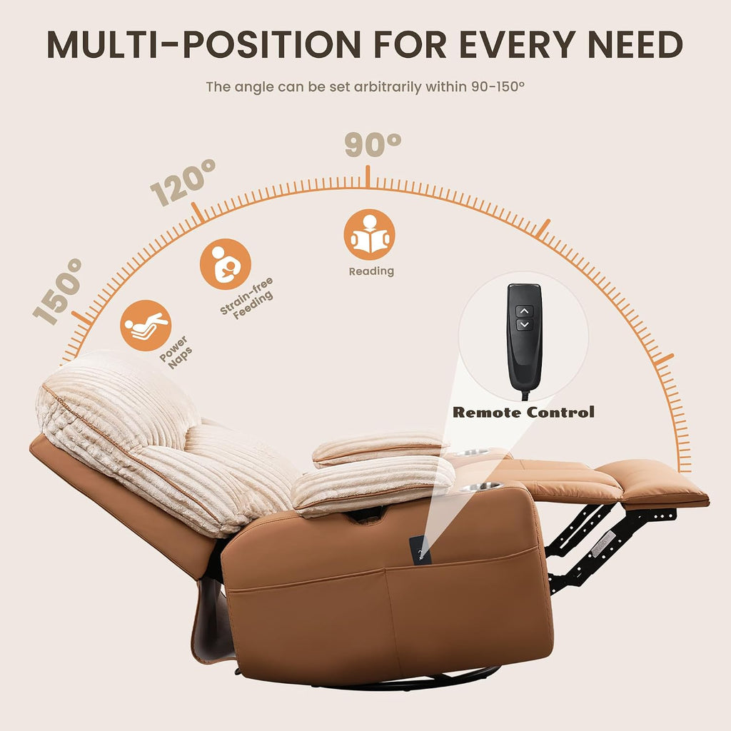 SUNWAVE Power Nursery Rocking Chair with Adjustable Armrests, Nursing Chair with USB, Cup Holders, Swivel Rocker Recliner with Corduroy and PU Leather Fabric