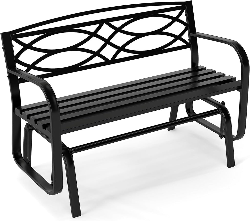 Tangkula 2-Person Outdoor Glider Bench, Patio Rocking Loveseat Chair with Metal Frame, Armrests, Geometric Backrest and Slatted Seat for Porch, Garden, Deck and Backyard