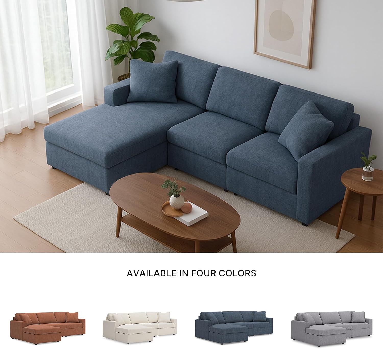 Signature Design by Ashley Modmax Contemporary L-Shaped Left-Arm Facing Modular Stain Resistant 3-Piece Sectional with Chaise, Reversible Cushions and 2 Accent Pillows, Blue