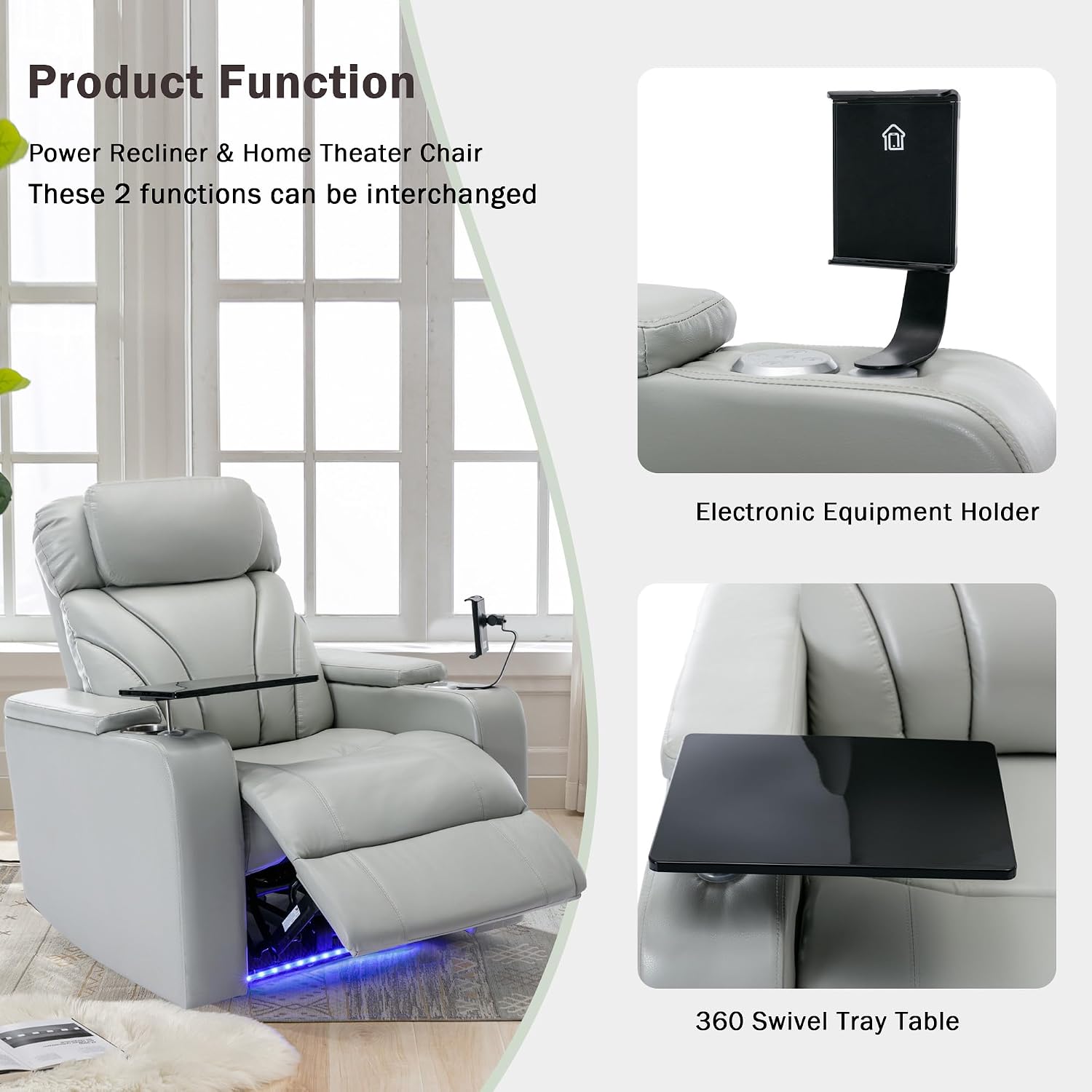 JIVOIT Power Motion Recliner Electric Power Recliner with Hidden Arm Storage, Cup Holder, Phone Holder, Tray Table, Faux Leather Rocker Chair for Small Spaces (Light Grey/78)