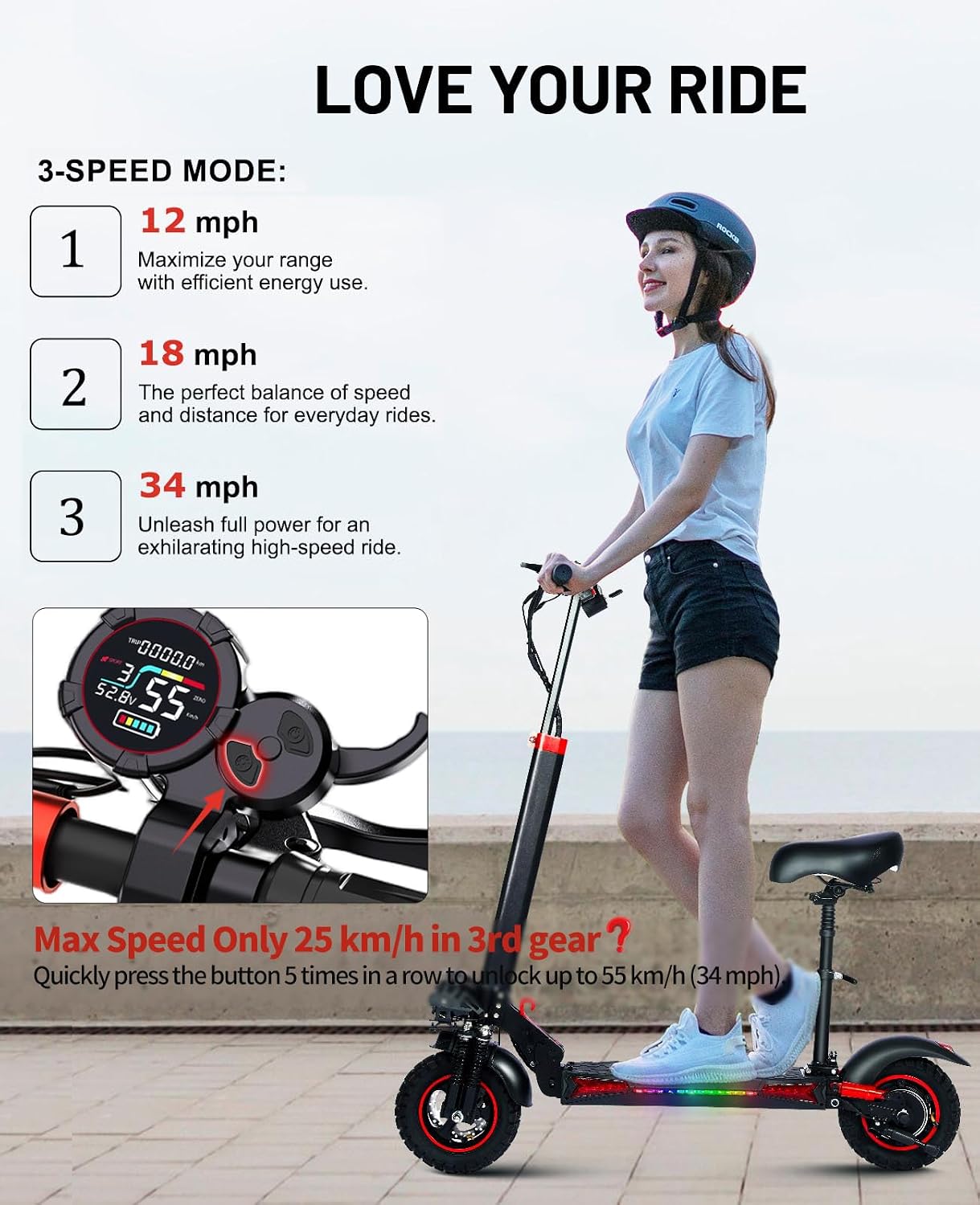 Offroad Electric Scooter Adults with Seat - 28-34 Miles Long Range & 25/34 Mph Fast Electric Scooters, 1200W All Terrian Escooter for Adult,Height Adjustable,Dual Suspensions Foldable Scooter