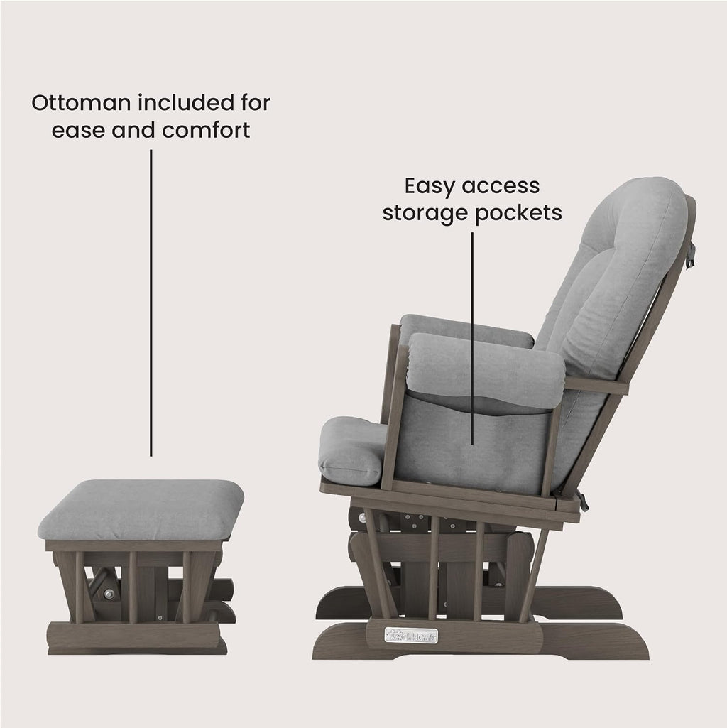 Child Craft Cozy Glider Rocker and Ottoman Set, Smooth Quiet Gliding Motion, Padded Cushion with Convenient Storage Pockets, Solid Wood Base & Frame (Dapper Gray with Light Gray Cushion)