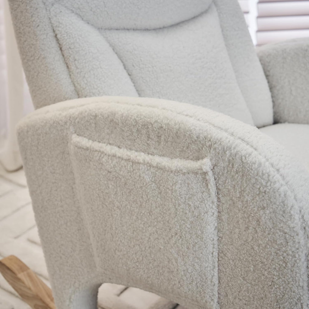 Rocking Chair with Foot Rest, Nursery Glider Teddy Gliding Rocking Chair with Retractable Footrest Rubber Wood Legs Side Pocket High Back & Wide Seat Nursing Chair for Living Room (Ivroy)