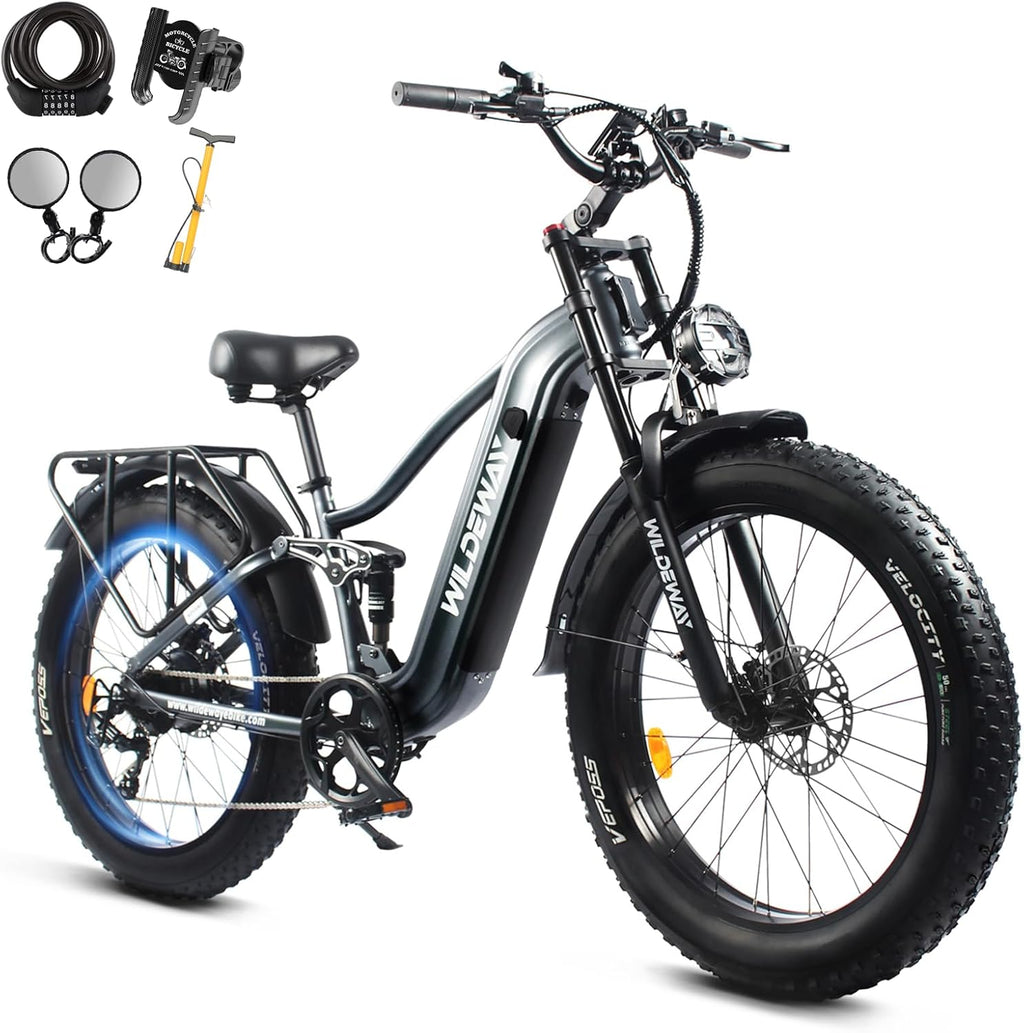 Wildeway 26' Snow Fat Tire Electric Bike for Adults, 1300W Motor 32MPH Ebike with 48V 20Ah Removable Battery, Full Suspension Off-Road Mountain Long Range Electric Bicycle 2 Seat