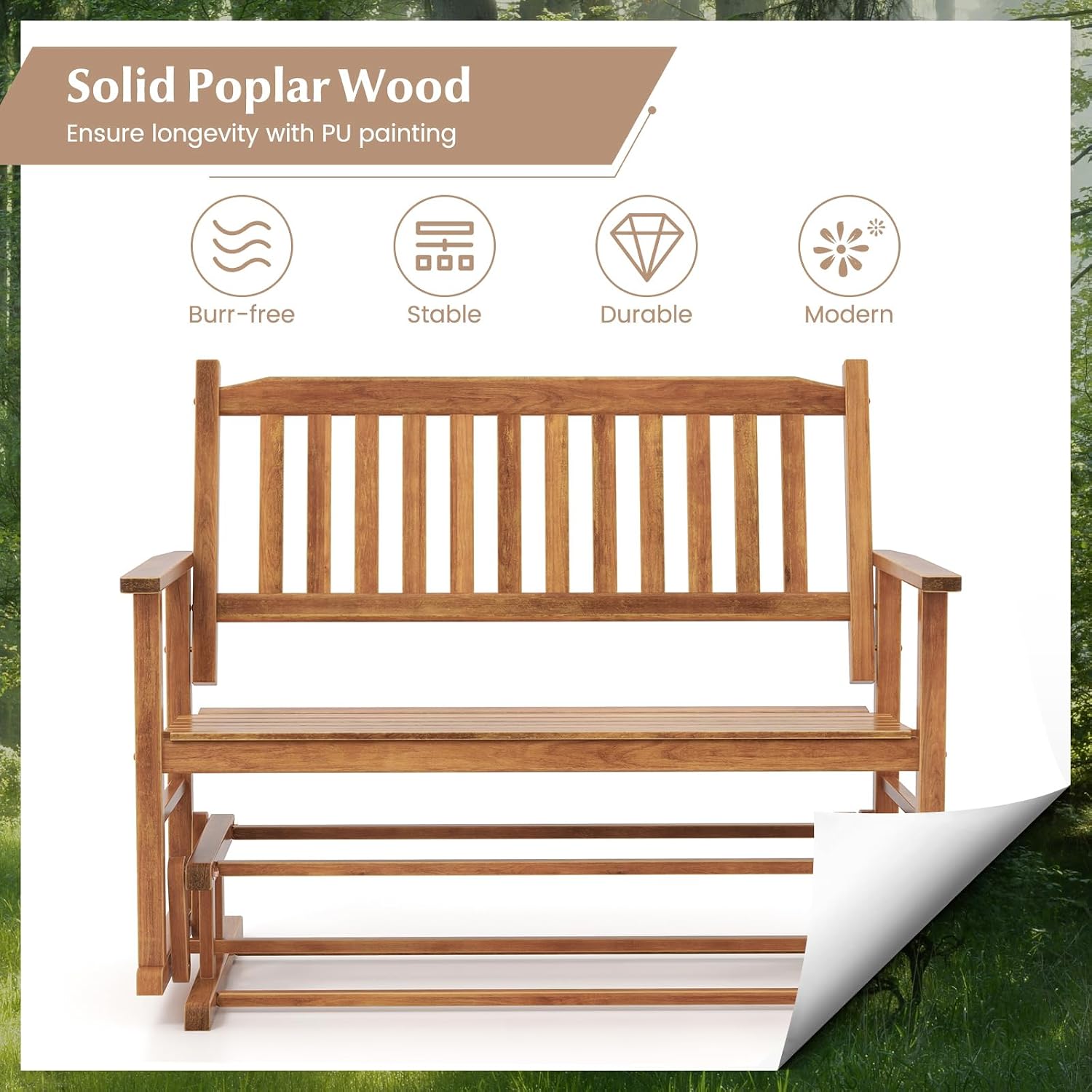 Giantex Outdoor Glider, Patio Glider Bench with Safe Gliding, Slatted Seat & Backrest, 2-Person Loveseat, Glider Rocking Chair, Outside Swing Chair for Garden Yard Lawn Porch Patio Rocker, Natural