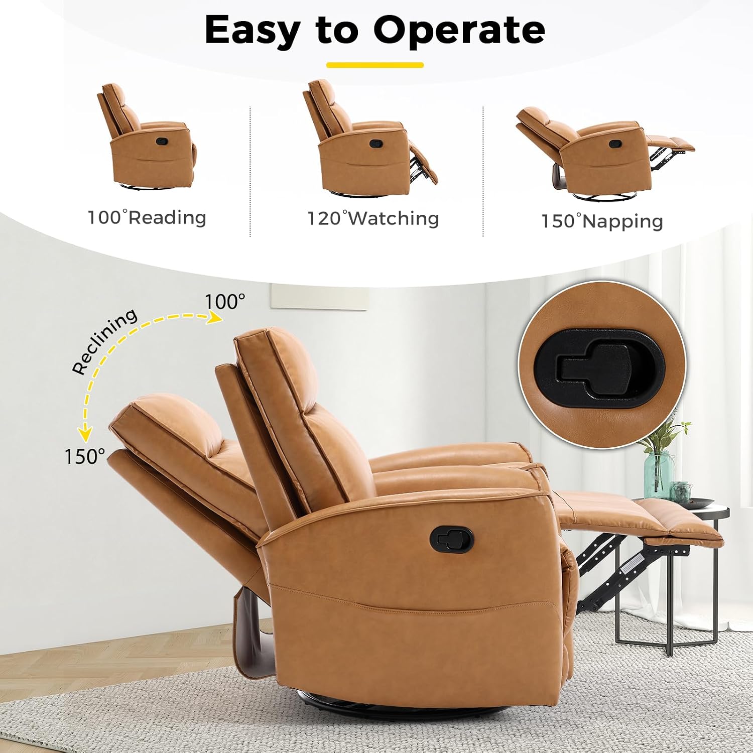 ANJ Manual Swivel Rocker Recliner, Glider Recliners with Padded Armrest and Backrest, Soft Faux Leather Nursery Rocking Recliner Chair Reclining Sofa for Living Room