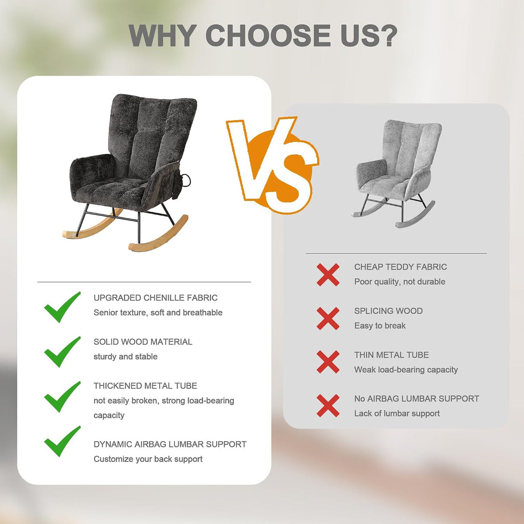 Rocking Chair Nursery with Airbag, Nursery Rocking Reading Chair Indoor, Cozy Upholstered Glider Rocker Chairs with High Backrest for Living Room Bedroom Offices(Chenille, Black)
