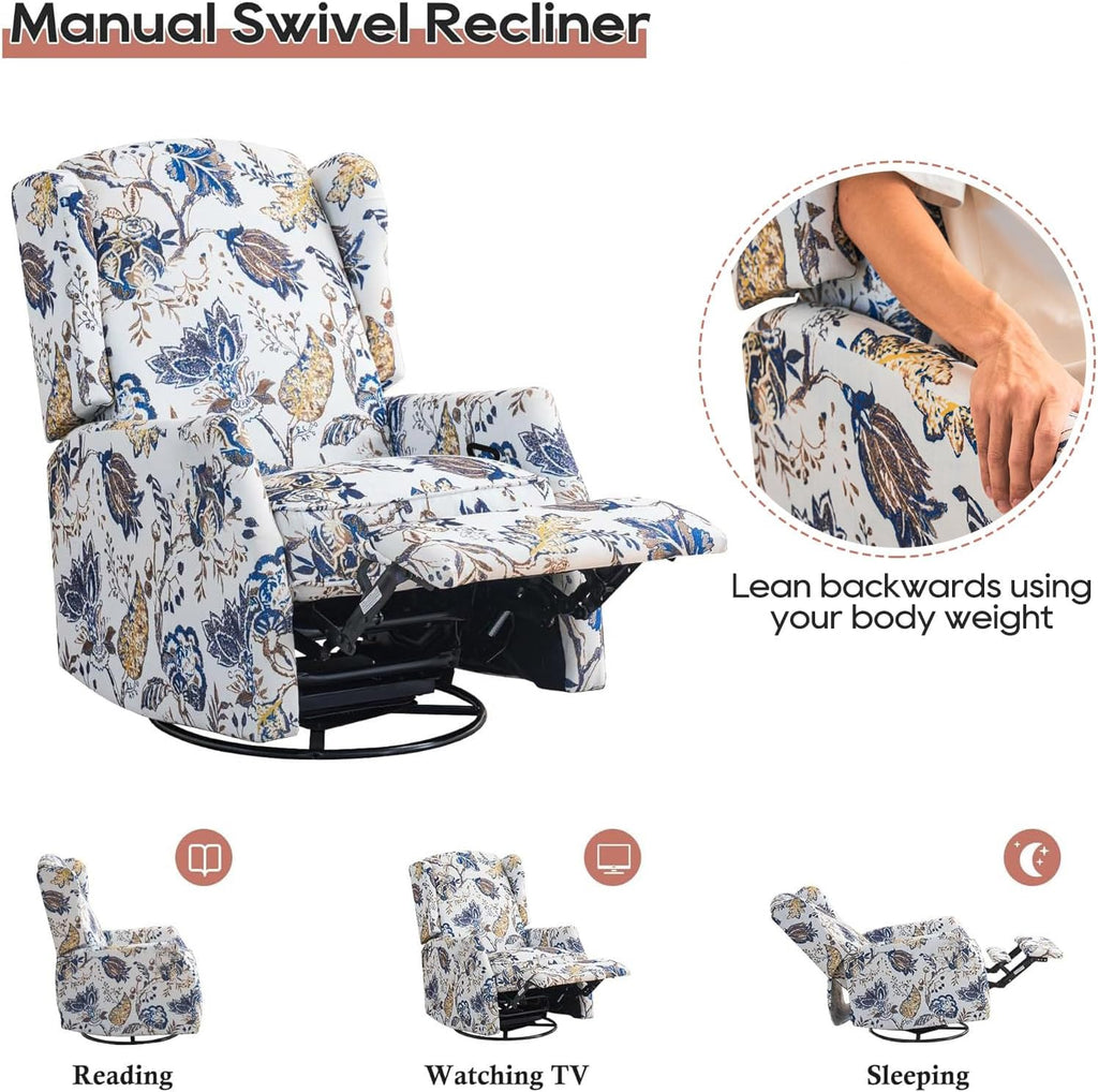 Swivel Rocker Recliner Chair, 360° Swivel Recliner with Rocking & Manual Push-Back Recline, Floral Wingback Glider Recliner for Nursery, Living Room, Bedroom, Adjustable Backrest & Footrest (Blue)