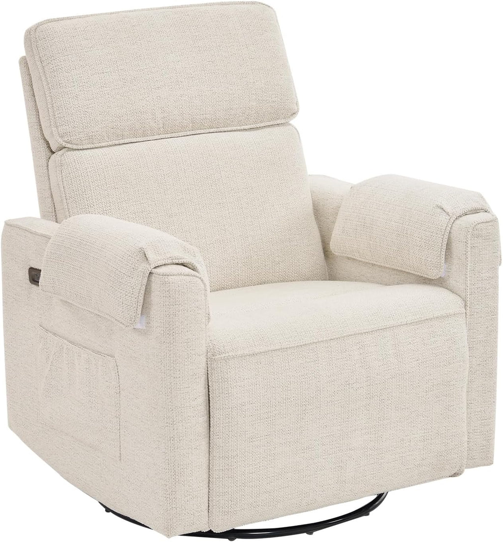 Chenille Rocking Chair Nursery with Adjustable Headrest,24' Extra Wide Swivel Rocker Recliner Chair with Overstuffed Armrest,Oversized Power Rocker Recliner with USB Ports,White