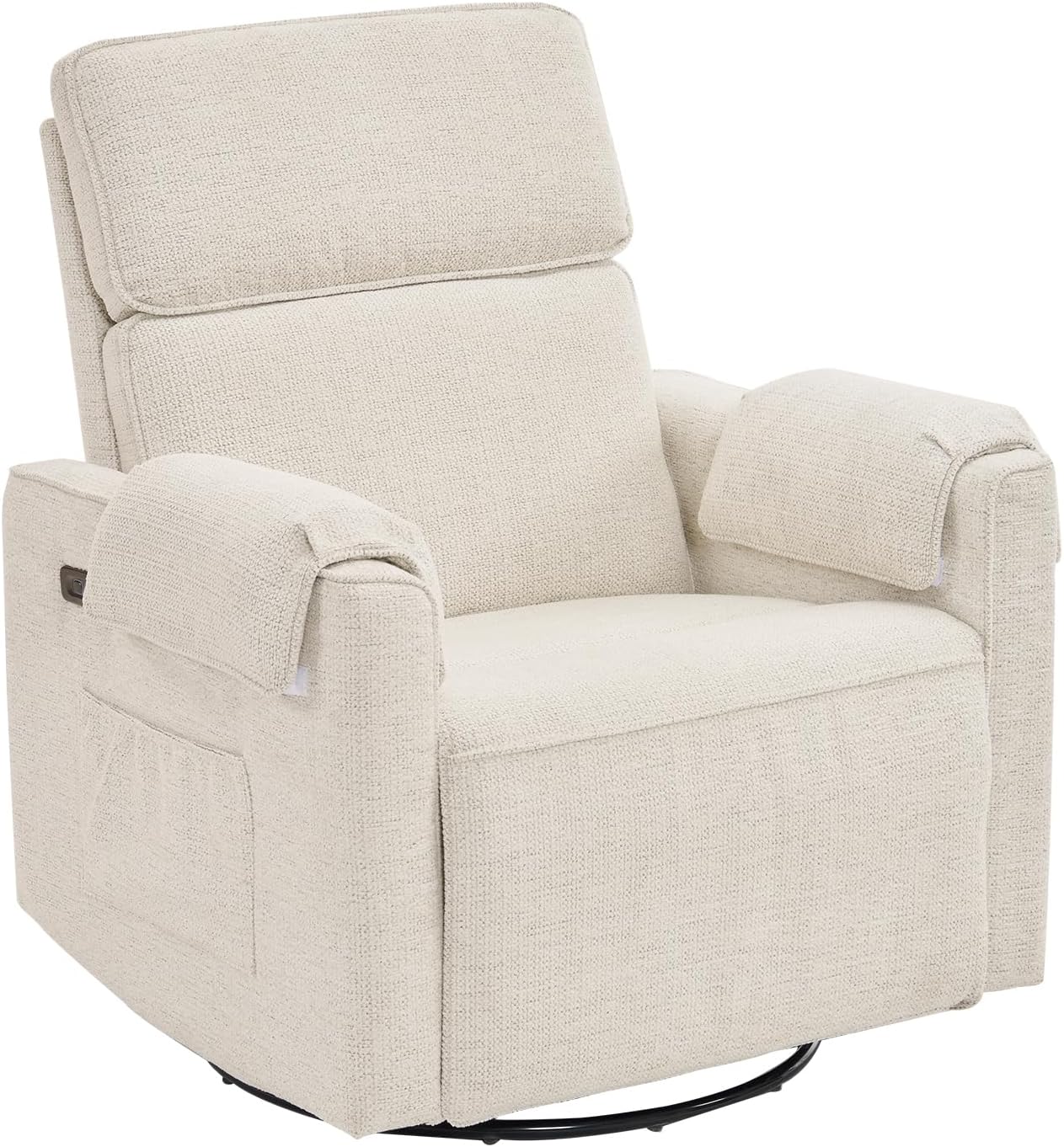Chenille Rocking Chair Nursery with Adjustable Headrest,24' Extra Wide Swivel Rocker Recliner Chair with Overstuffed Armrest,Oversized Power Rocker Recliner with USB Ports,White