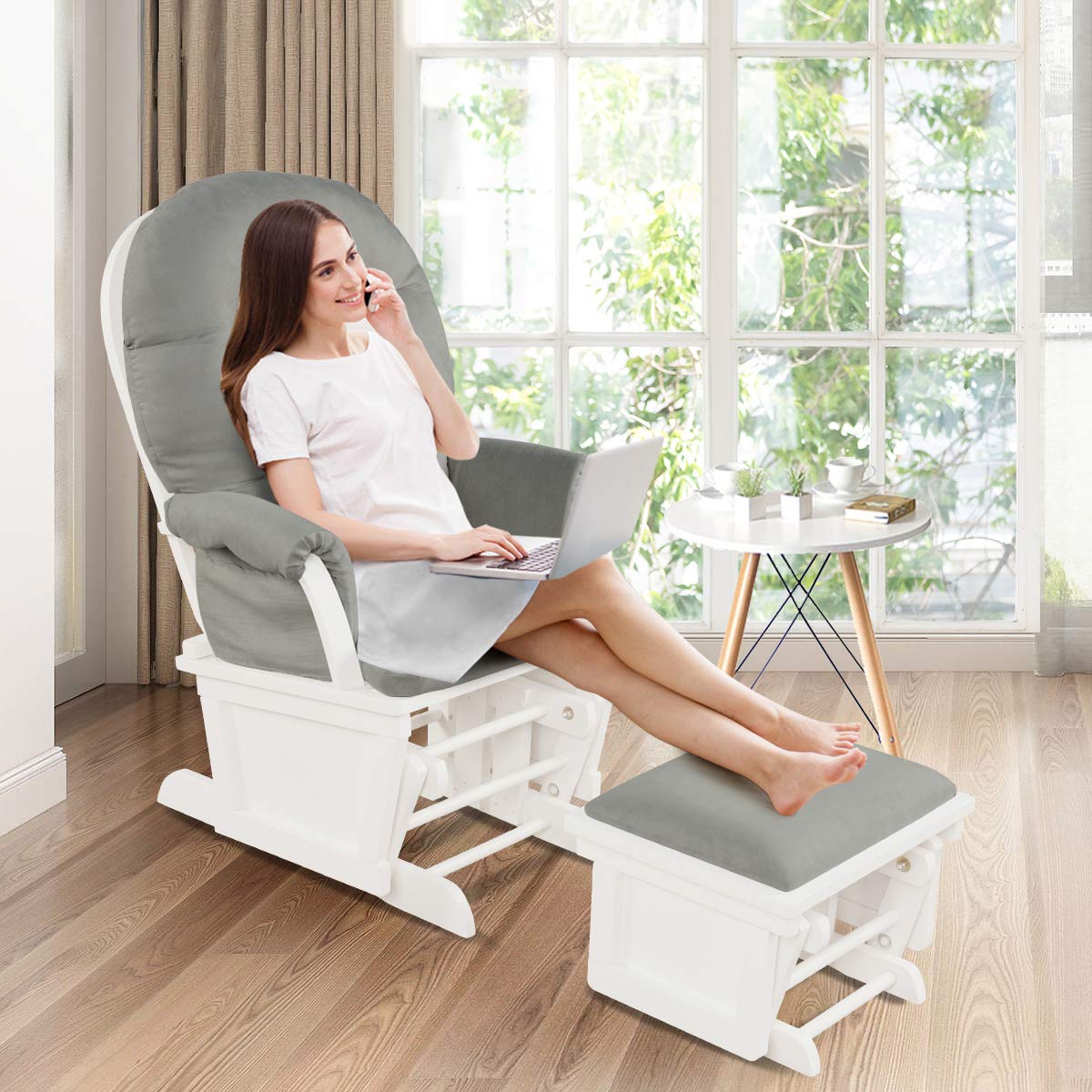 Costzon Baby Glider and Ottoman Cushion Set, Wood Baby Rocker Nursery Furniture for Napping, Nursing, Reading, Upholstered Comfort Nursery Chair w/Padded Armrests & Detachable Cushion (Light Grey)
