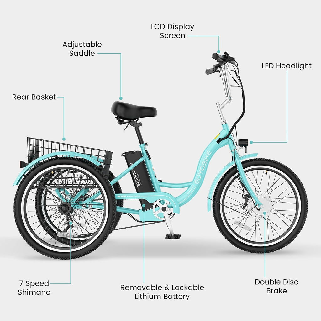 Electric Tricycle for Adults Seniors, 24/26 Inch 3 Wheel E-Trike, 350W Motor (700W Peak), Removable 36V Battery, Up to 15.5MPH, 25-60Mile Range, Low Step-Through, Rear Basket, 350lbs Capacity, 7 Speed