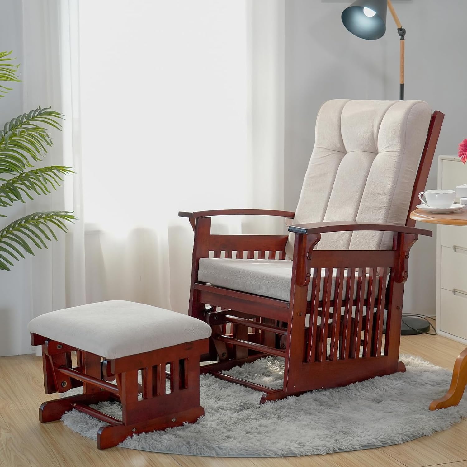 Glider Rocking Chair Nursery with Ottoman Smooth Rocking Motion, Easy to Assemble, Solid Hardwood Base Indoor Adult(Cream White)