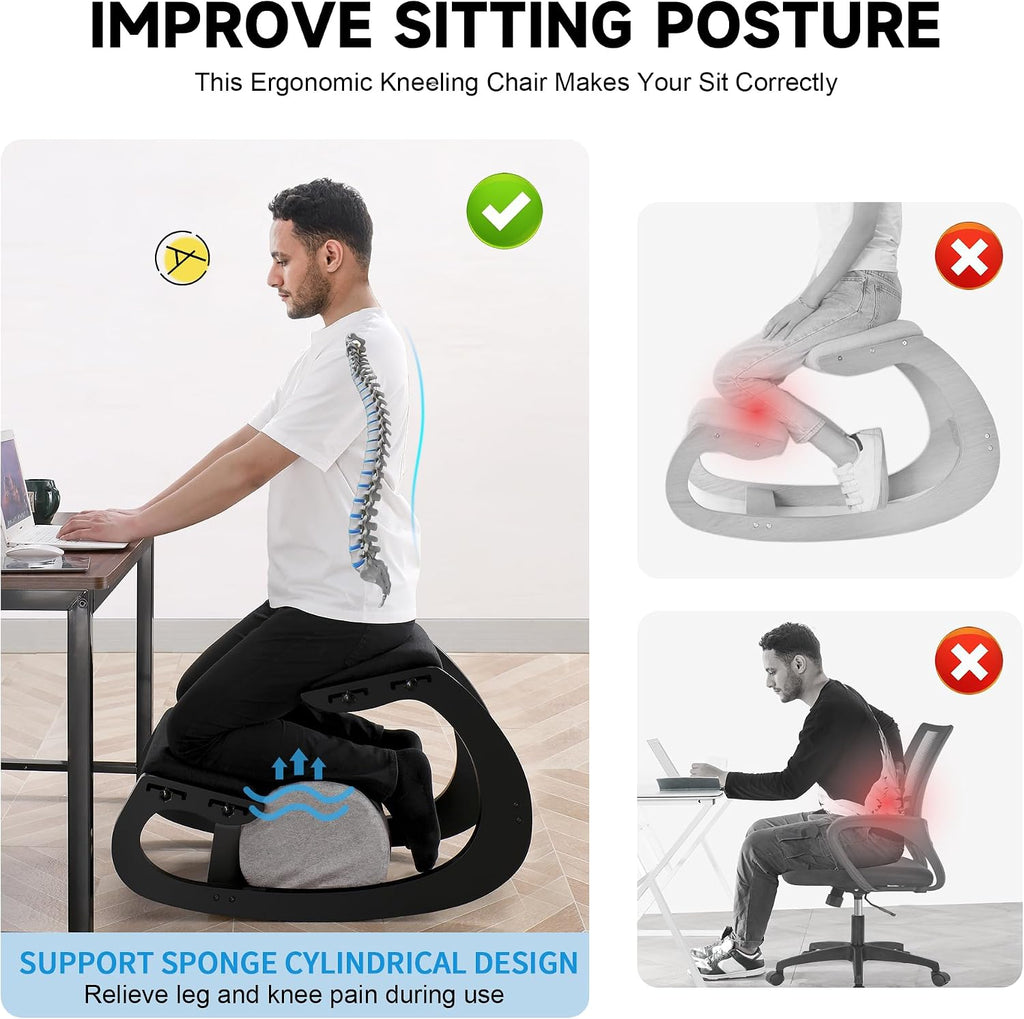 Adjustable Kneeling Chair, Wooden Ergonomic Chair Knee Chair Posture Chair - Improve Your Posture with an Angled Seat for Home,Office (Cylindrical Black)