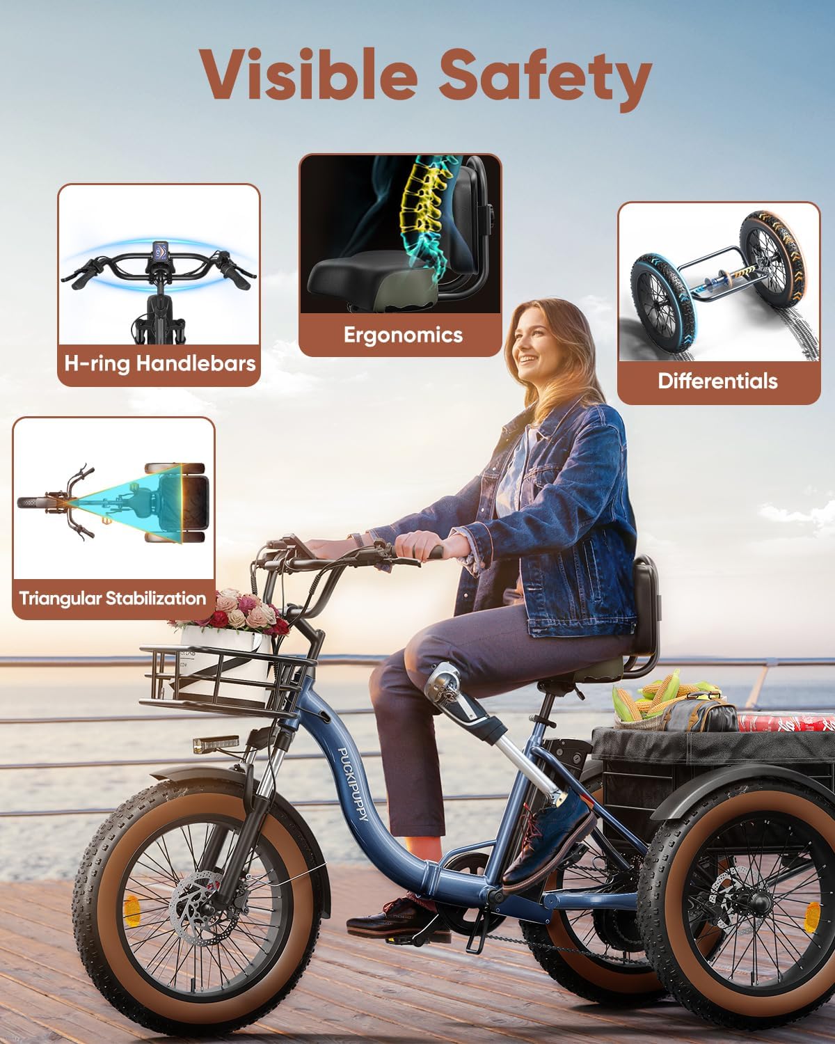 PUCKIPUPPY Electric Tricycle for Adults, 960W Max Rear Motor Electric Trike, 20MPH 3 Wheel, 20' 6061 Aluminum Folding Ebike Frame, 55 Miles Range Cargo Tricycle with Large Basket