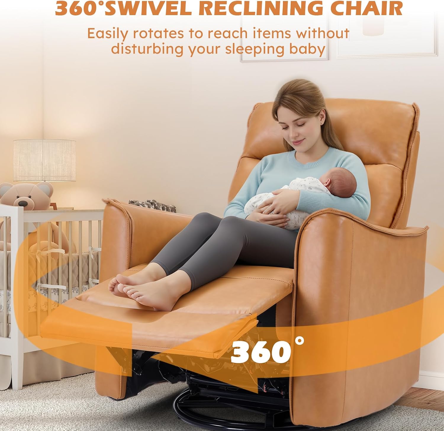 ANJ Manual Swivel Rocker Recliner, Glider Recliners with Padded Armrest and Backrest, Soft Leather Nursery Rocking Recliner Chair Reclining Sofa for Living Room