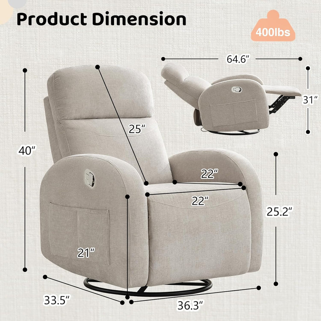 Manual Swivel Rocker Recliner, Nursery Rocking Chair with Lumbar Support, Chenille Nursering Glider Recliners with Double Pockets for Living Room, Camel