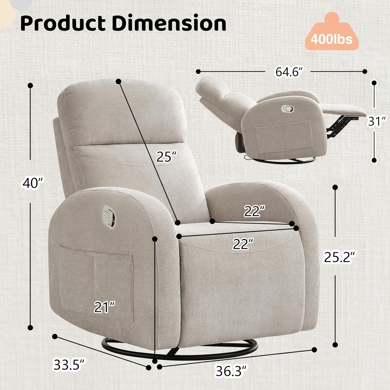 Manual Swivel Rocker Recliner, Nursery Rocking Chair with Lumbar Support, Chenille Nursering Glider Recliners with Double Pockets for Living Room, Camel