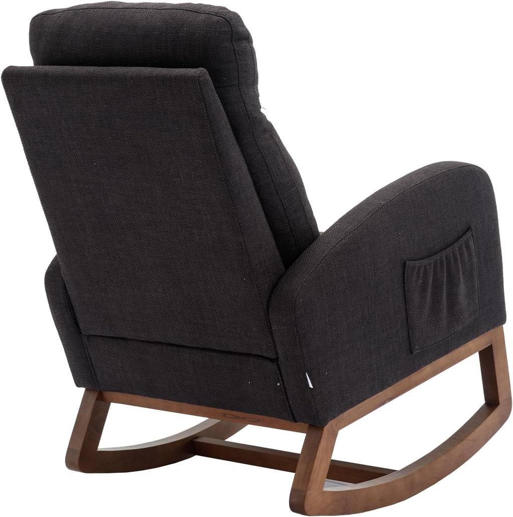 Modern Rocking Chair with Breathable Yellow Linen & Solid Wood Legs - Recliner Glider Armchair Featuring Side Pocket, High Back Support for Nursery, Living Room, Bedroom (Black)