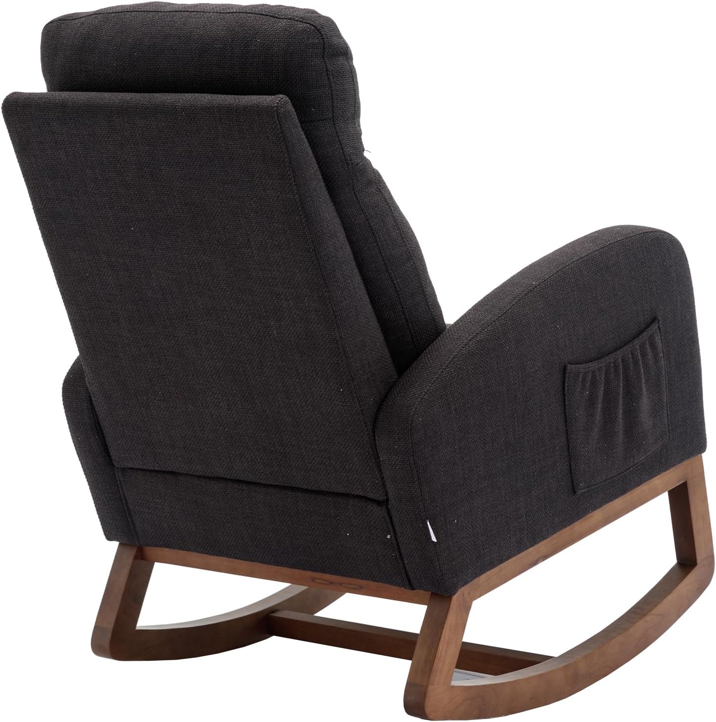 Modern Rocking Chair with Breathable Yellow Linen & Solid Wood Legs - Recliner Glider Armchair Featuring Side Pocket, High Back Support for Nursery, Living Room, Bedroom (Black)