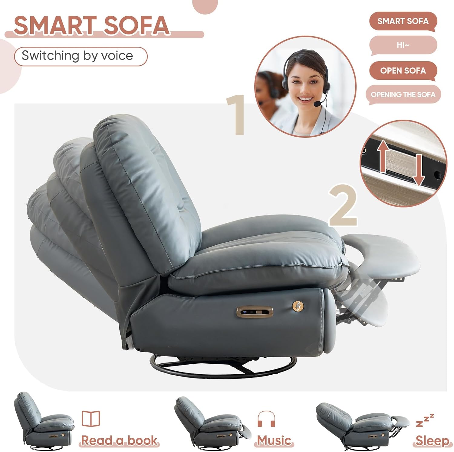 Oversized Electric Recliner Chair, 270 Swivel Rocking Glider Rocker for Adults Modern Ergonomic Lounge Chair Living Room with Phone Stand & Smart Voice Control Theater Seating, Grey Fuax Leather