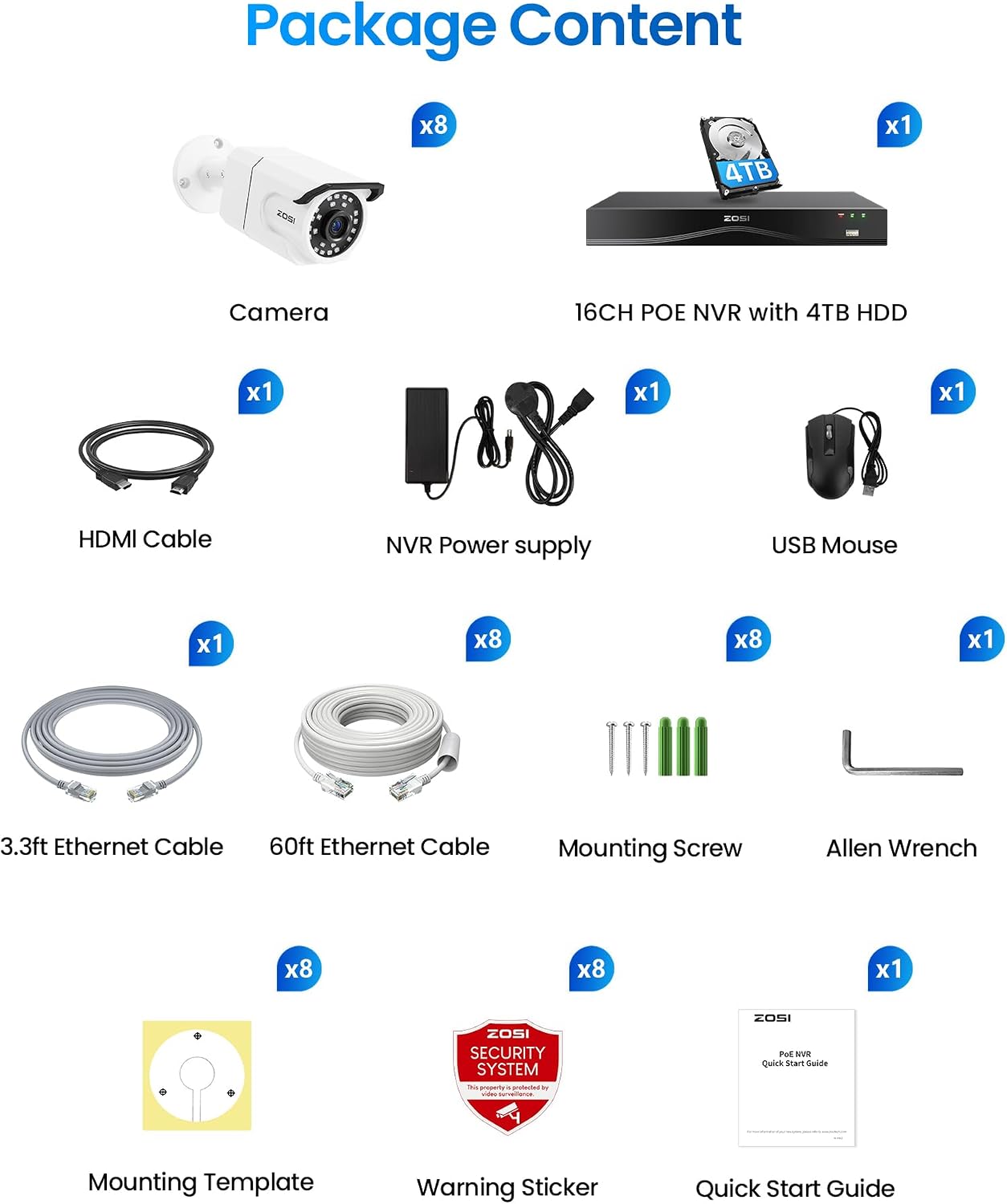 ZOSI 16CH 4K PoE Security Camera System, 8pcs 8MP Outdoors Cameras with Audio, People Counting, Person/Vehicle Detection, Night Vision, 16 Port 32CH NVR with 4TB HDD for Home Business 24/7 Recording