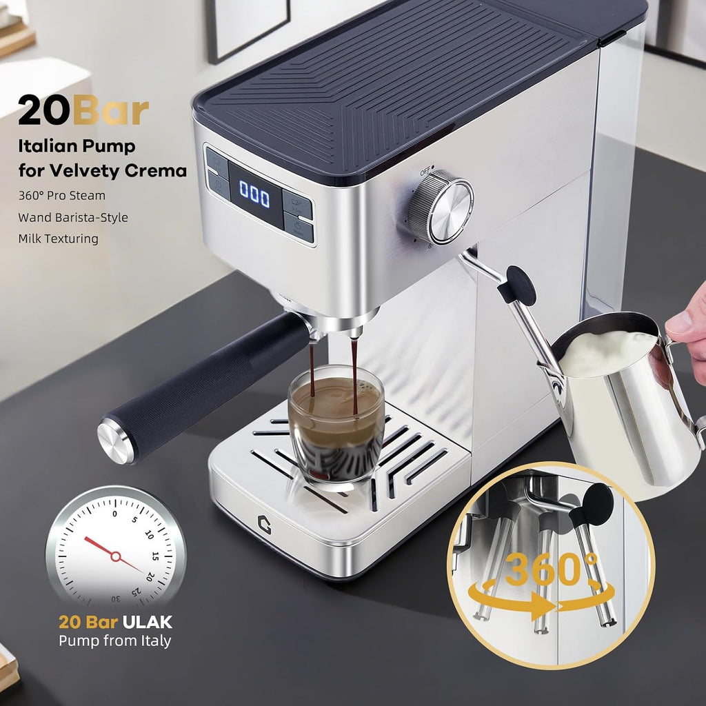 Espresso Machine, 20 Bar Coffee Maker with Steam Wand, Removable Water Tank, Compact Design, Automatic Cappuccino and Latte Maker for Home and Office