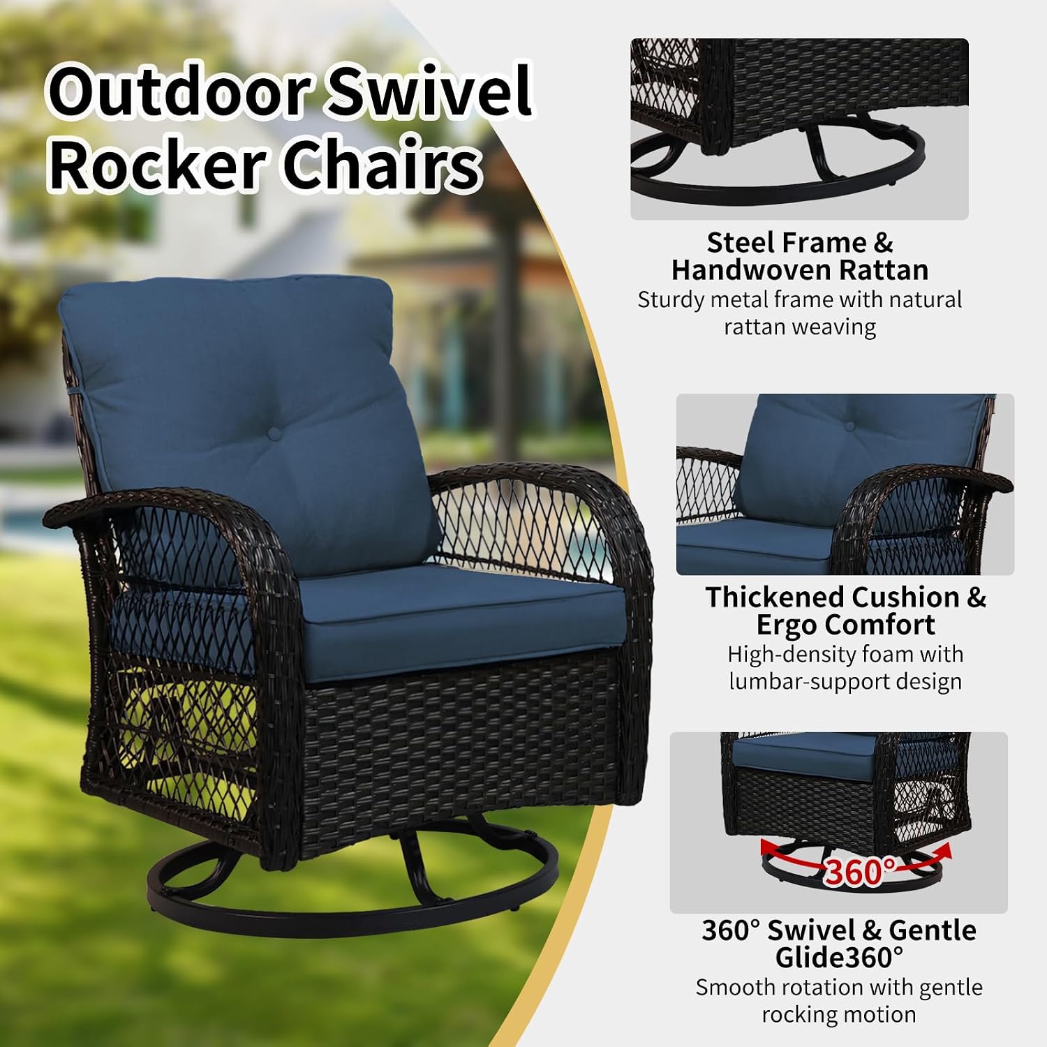 YLGJ&TIDY 3 Pieces Outdoor Swivel Rocker Patio Chair Set Wicker Patio Swivel Chairs with Side Table Cushions High Back Front Porch Rocking Chairs for Patio Balcony Backyard Deck, Blue