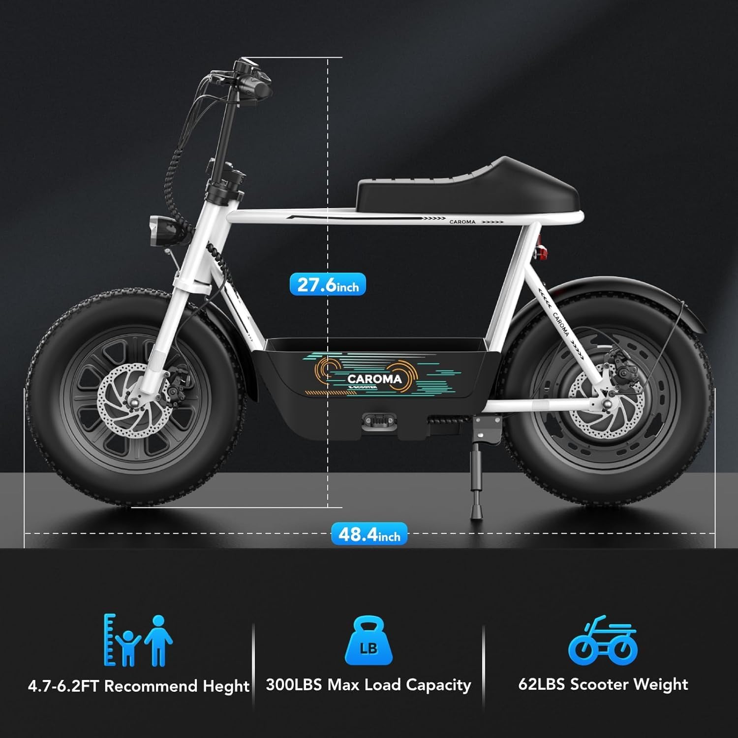 Caroma Peak 1200W Electric Scooter with Seat, 16' Fat Tire Electric Dirt Bike, Max 30Miles Ranges, Top Speed 20Mph, Electric Motorcycle Mini Bike with Basket for Pets & Cargo, UL 2272 Certified